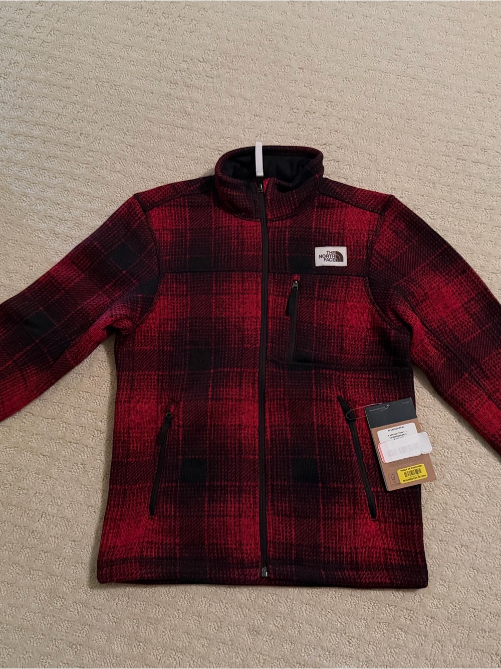 The North Face Kids Red and Black Plaid Fleece Jacket